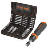 Kit destornillador tipo matraca + 18 puntas + 6 cubos mecanicos en estuche truper..