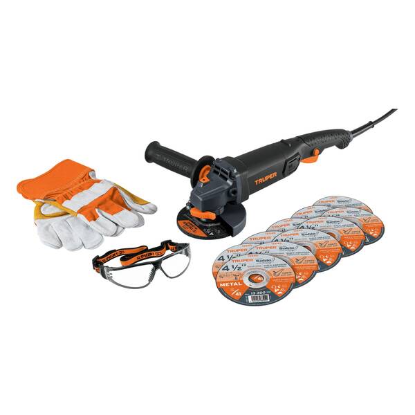Esmeriladora industrial 4-1/2'' 950 W, discos, lentes y guantes