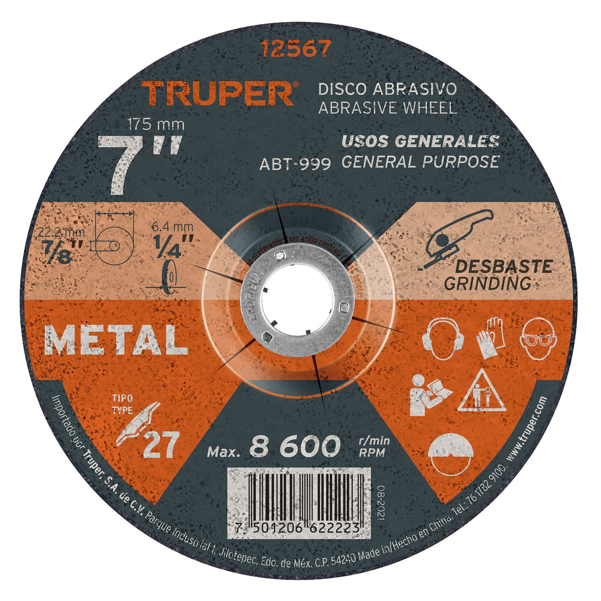 Disco e pulir 7" x 6.4mm para metal centro copa abrasivo truper
