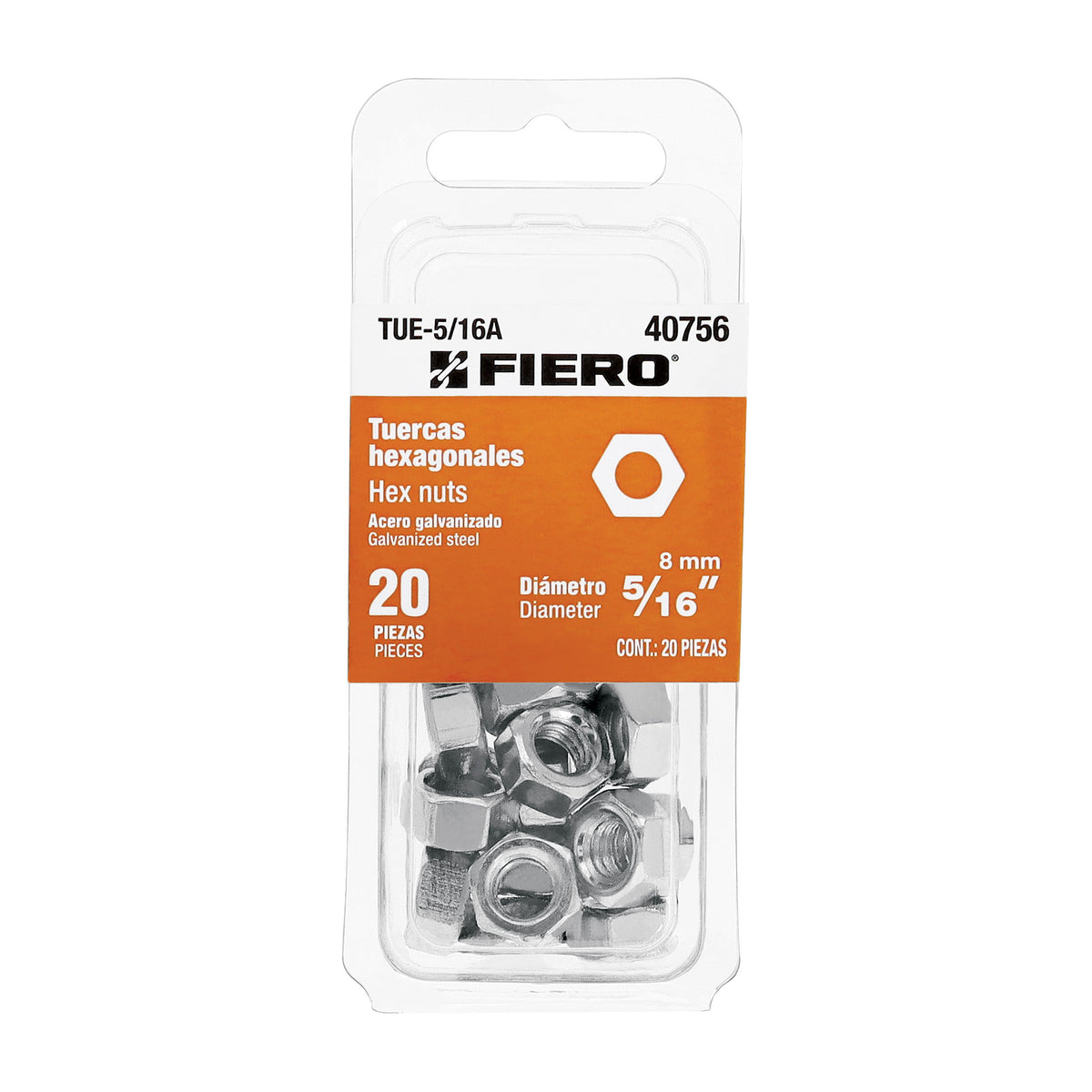 Blíster con tuercas hex de acero galvanizado,