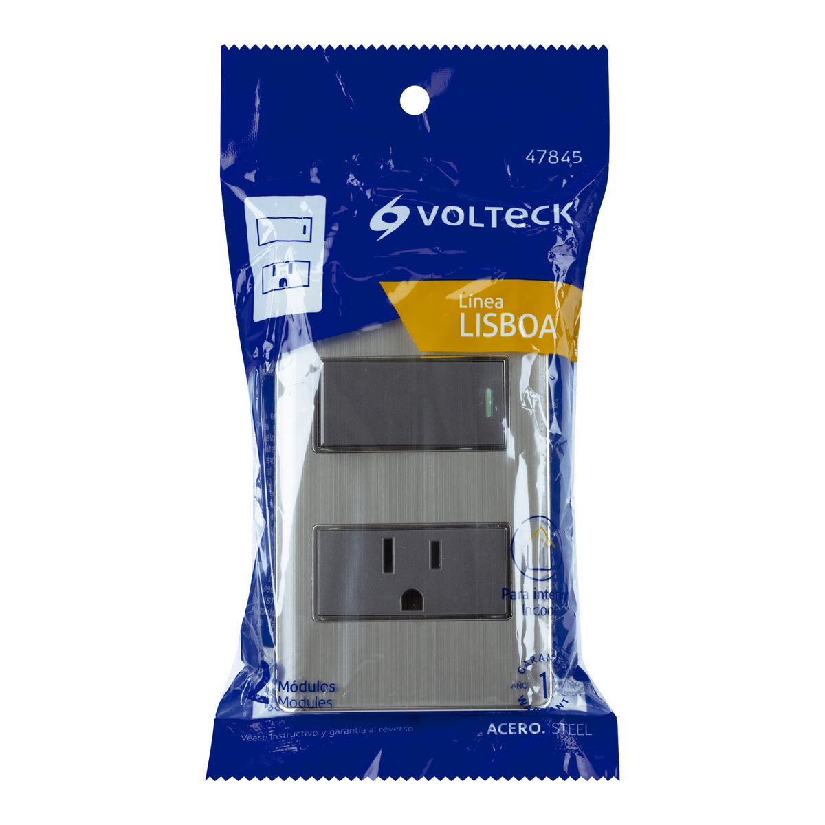 Placa armada acero interruptor y contacto 1 módulo