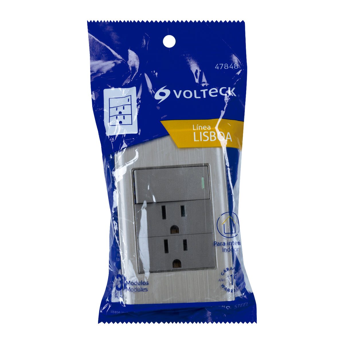 Placa armada acero interruptor y 2 contactos 1 módulo