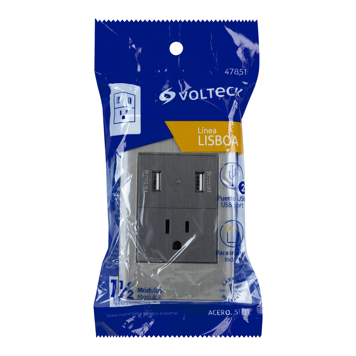 Placa armada acero contacto y 2 puertos USB 1.5 módulo