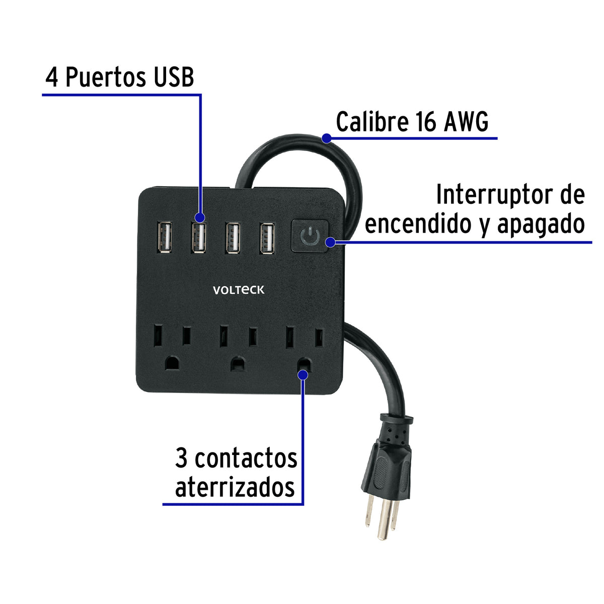 REGLETA 1.7 METROS 3 ENTRADAS 120V + 4 USB C/NEGRO